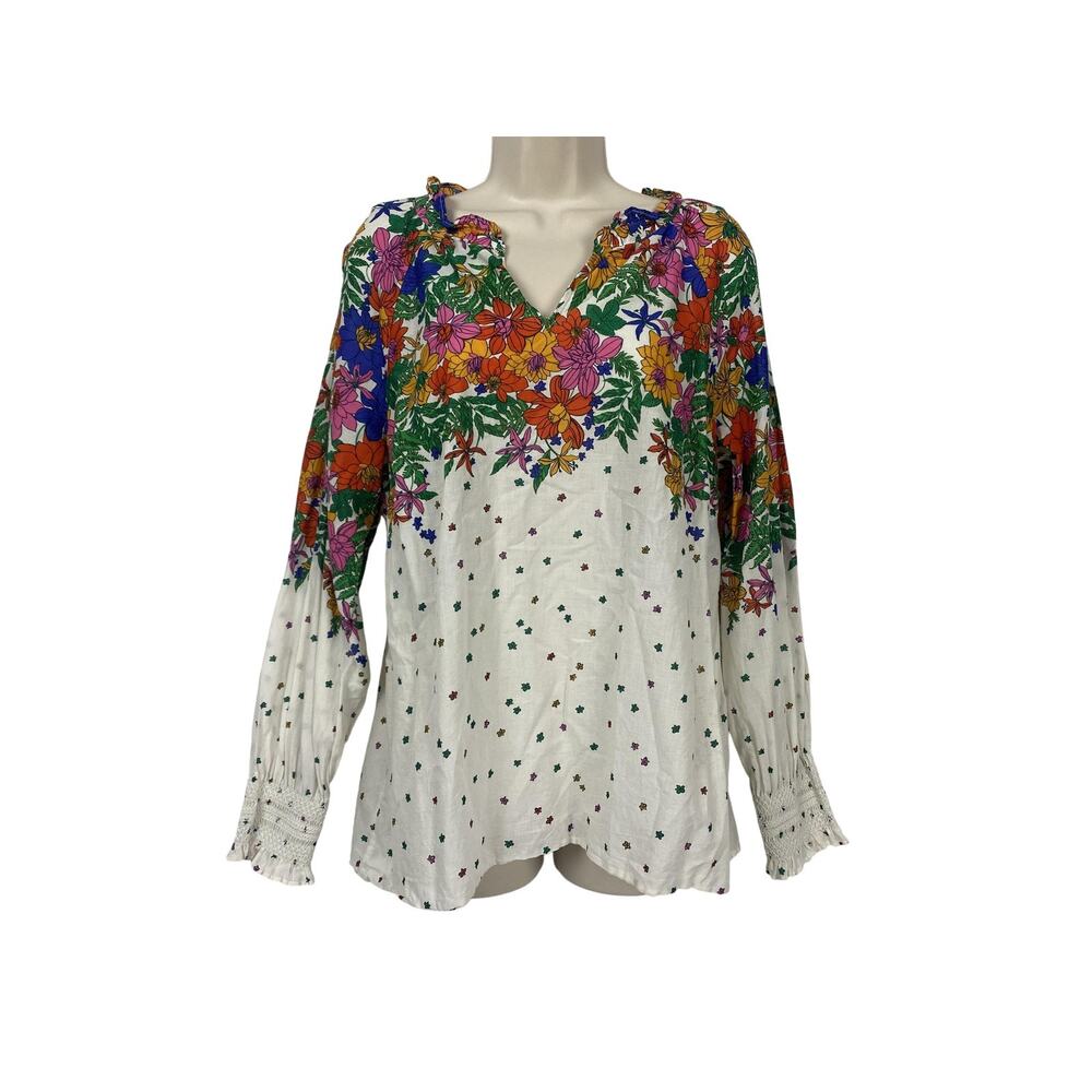 Talbots Top Womens Large Floral Heart Novelty Print Ruffle Smocked Garden Mod